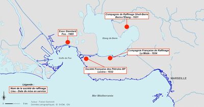 Carte des raffineries littorales de Fos-étang de Berre