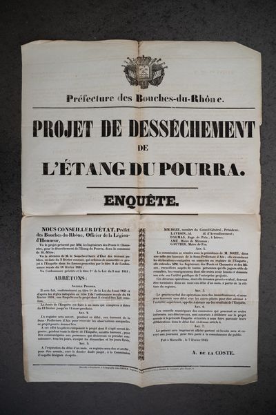 Projet de déssèchement de l’étang du Pourra : arrêté préfectoral pour enquête (7 février 1845)
